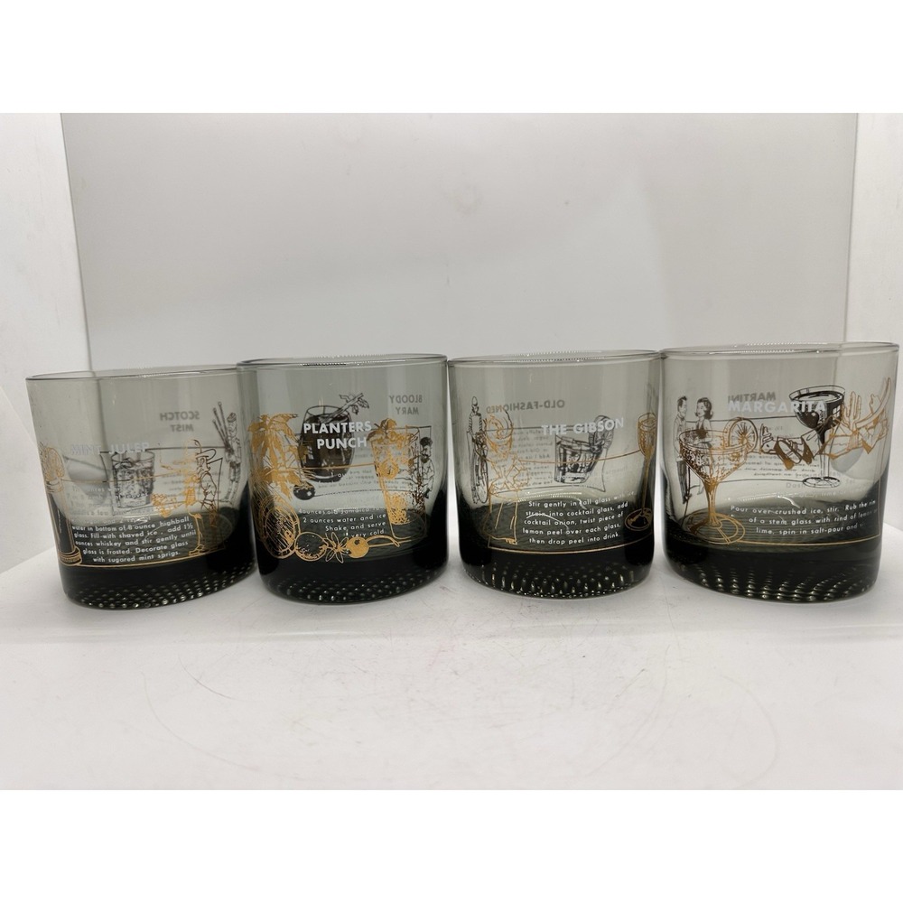 Vintage 1960s Smoky Gray Cocktail Recipe Rocks Glasses Gold MCM Set of 4